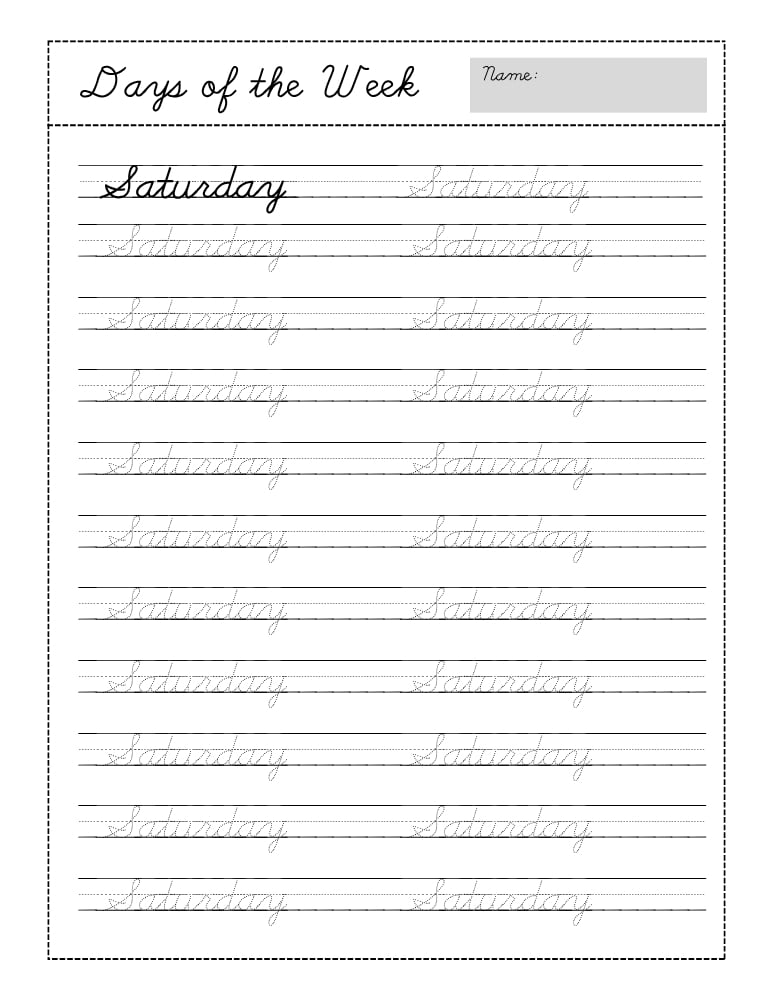 cursive days of the week worksheets, education printable, PDF, instant download, kids