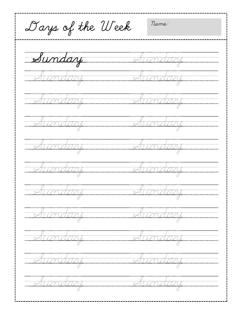 cursive days of the week worksheets, education printable, PDF, instant download, kids
