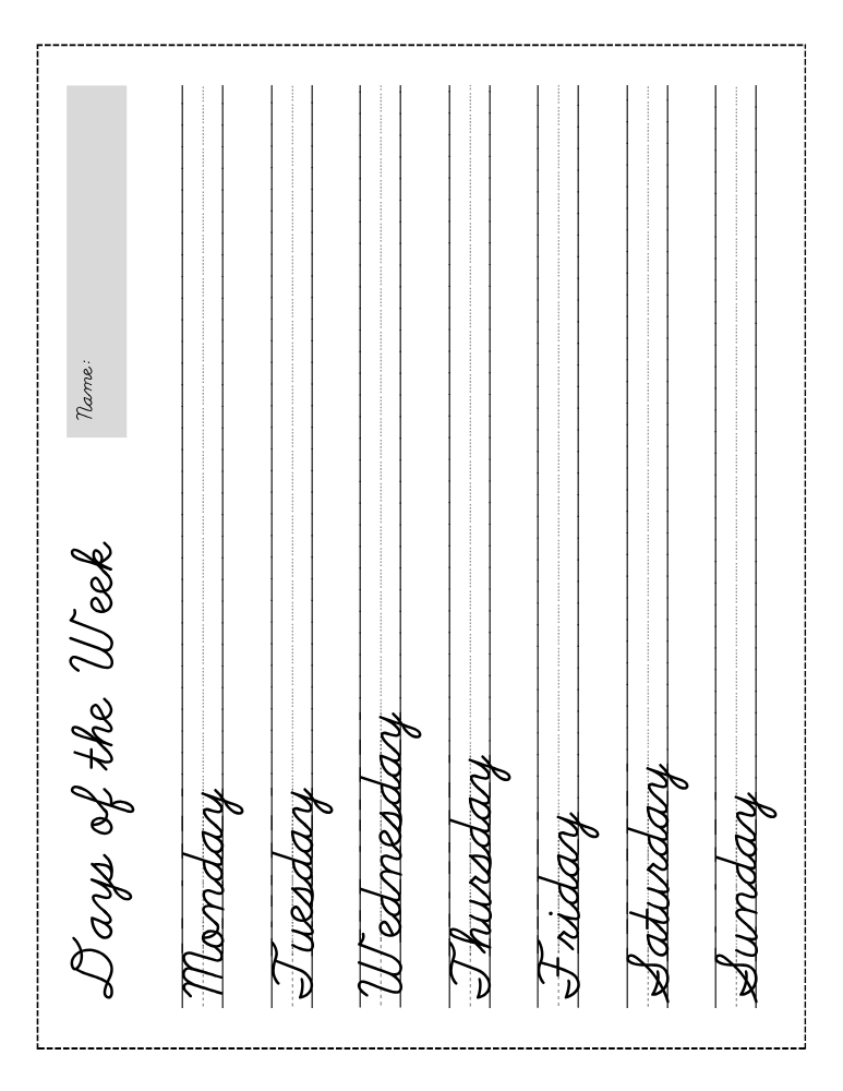 cursive days of the week worksheets, education printable, PDF, instant download, kids