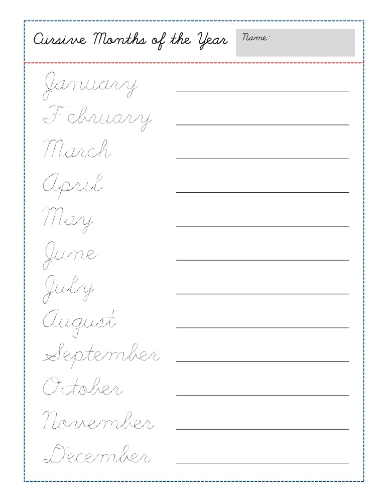 cursive months of the year worksheets, education printable, PDF, instant download, kids