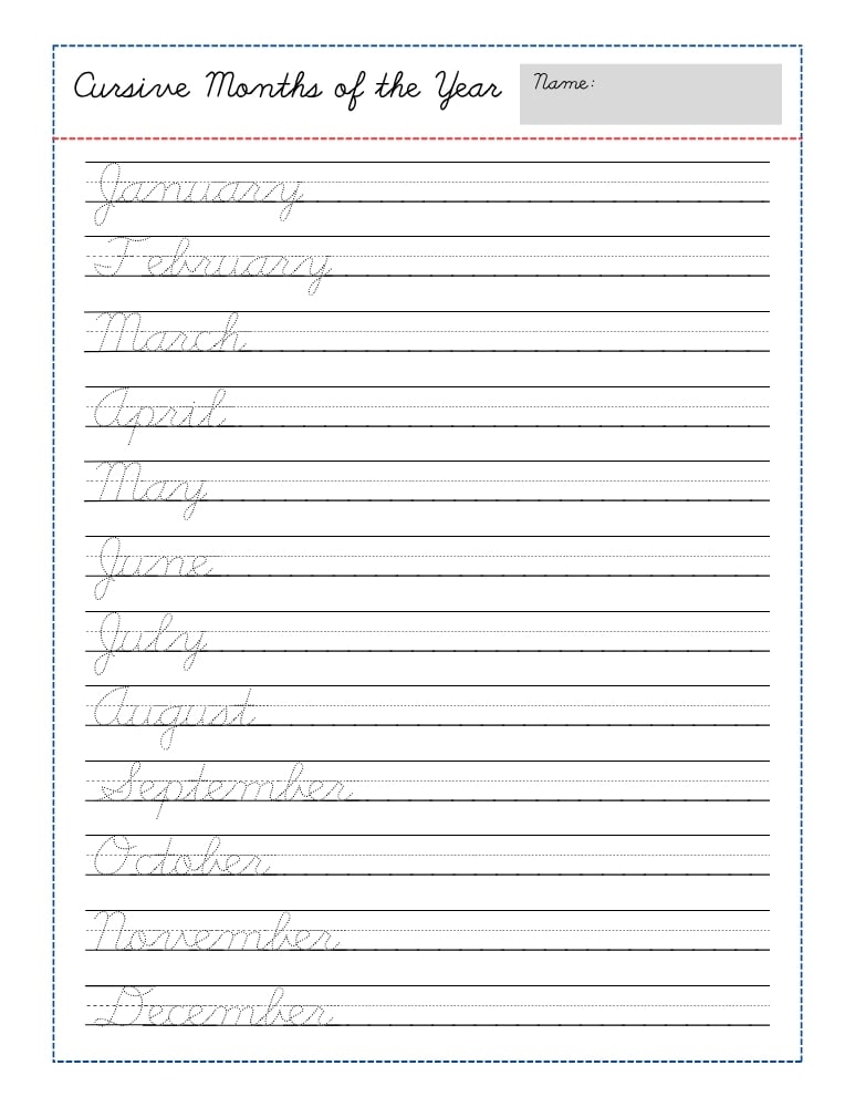 cursive months of the year worksheets, education printable, PDF, instant download, kids