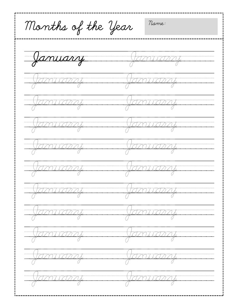 cursive months of the year worksheets, education printable, PDF, instant download, kids