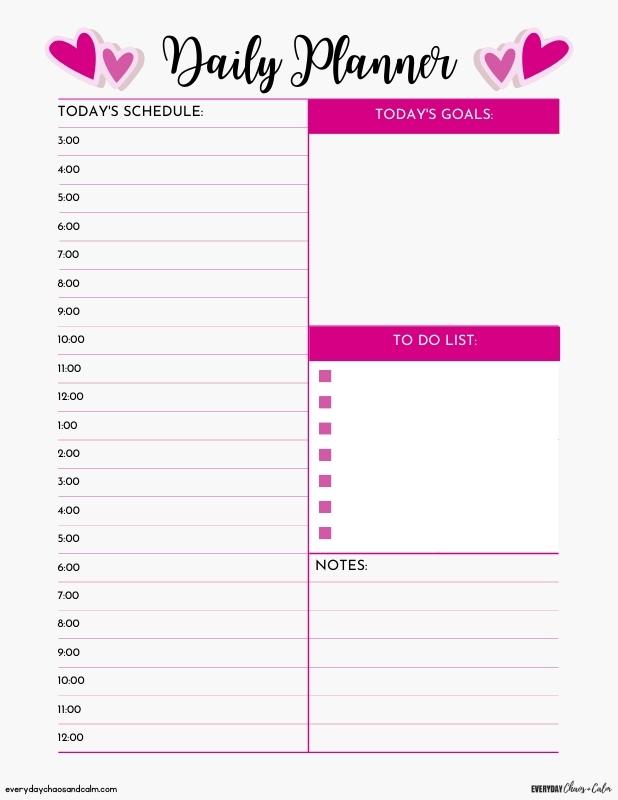 Printable Daily Planner Template with Hours Free printable daily planner,for organization, with hours, instant download.