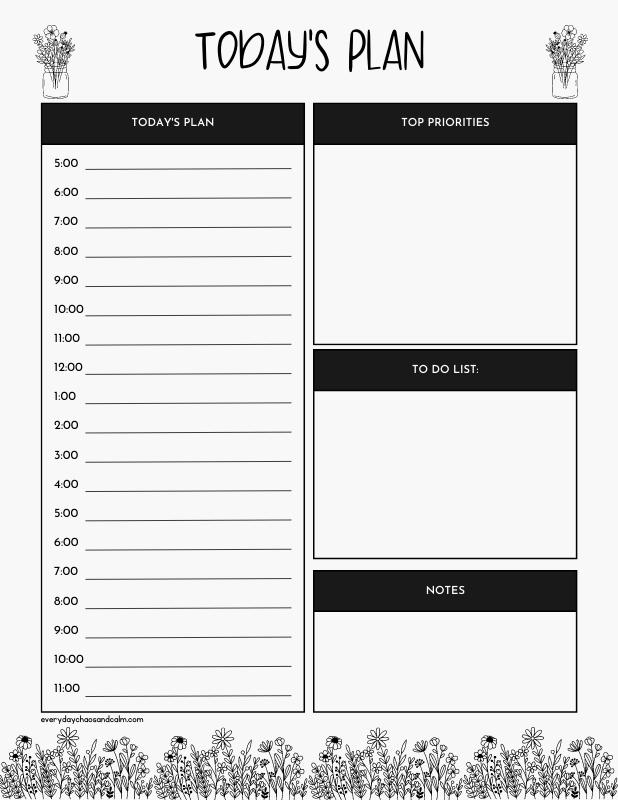 Black and White Hourly Daily Planner Template Free printable daily planner,for organization, with hours, instant download.