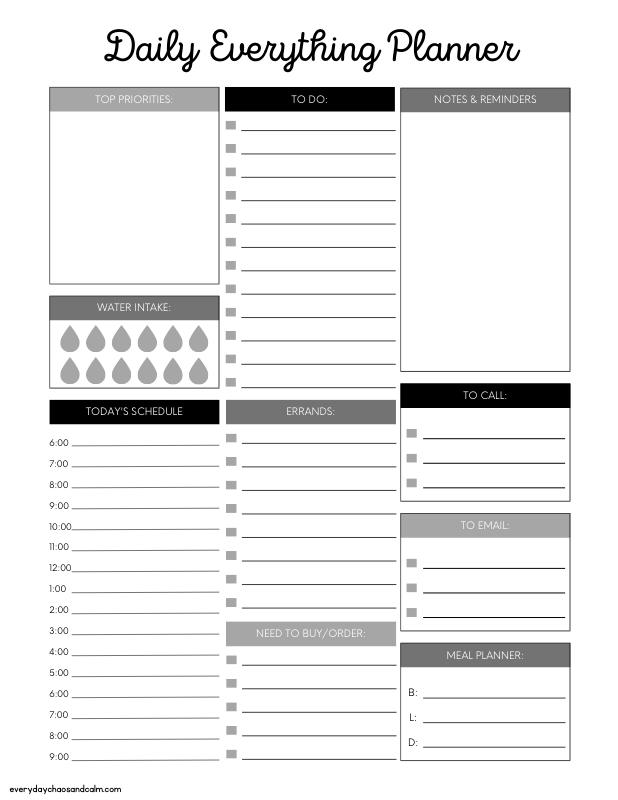 Black and White Daily Planner Template for Everything Free printable daily planner,for organization, with hours, instant download.