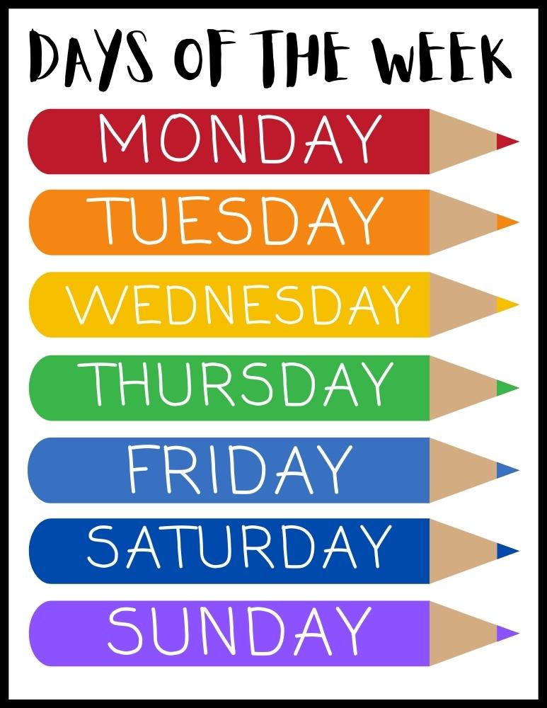 days of the week chart, PDF, instant download, preschool, PreK, kindergarten learning tool