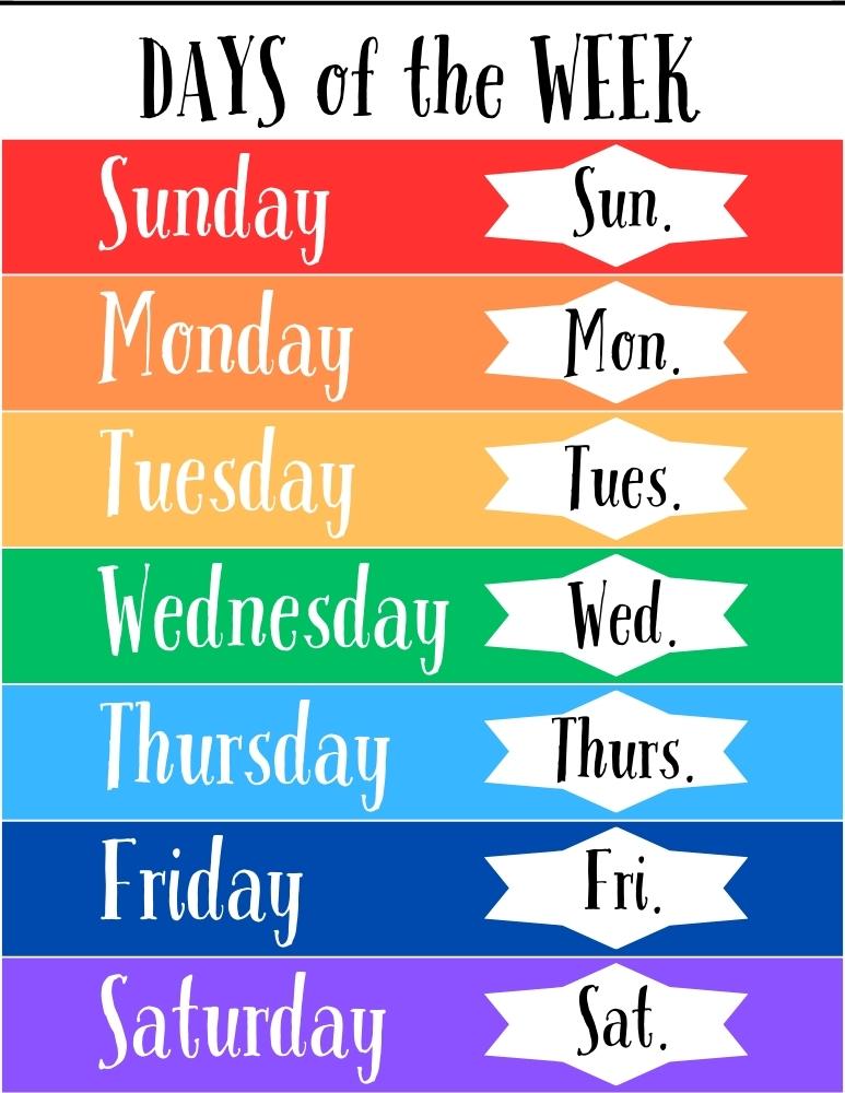 Free Printable Days Of The Week Chart Free Printable Days Of The Week Chart