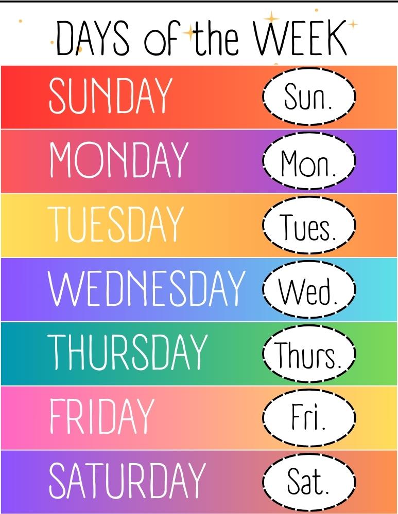 days of the week chart, PDF, instant download, preschool, PreK, kindergarten learning tool