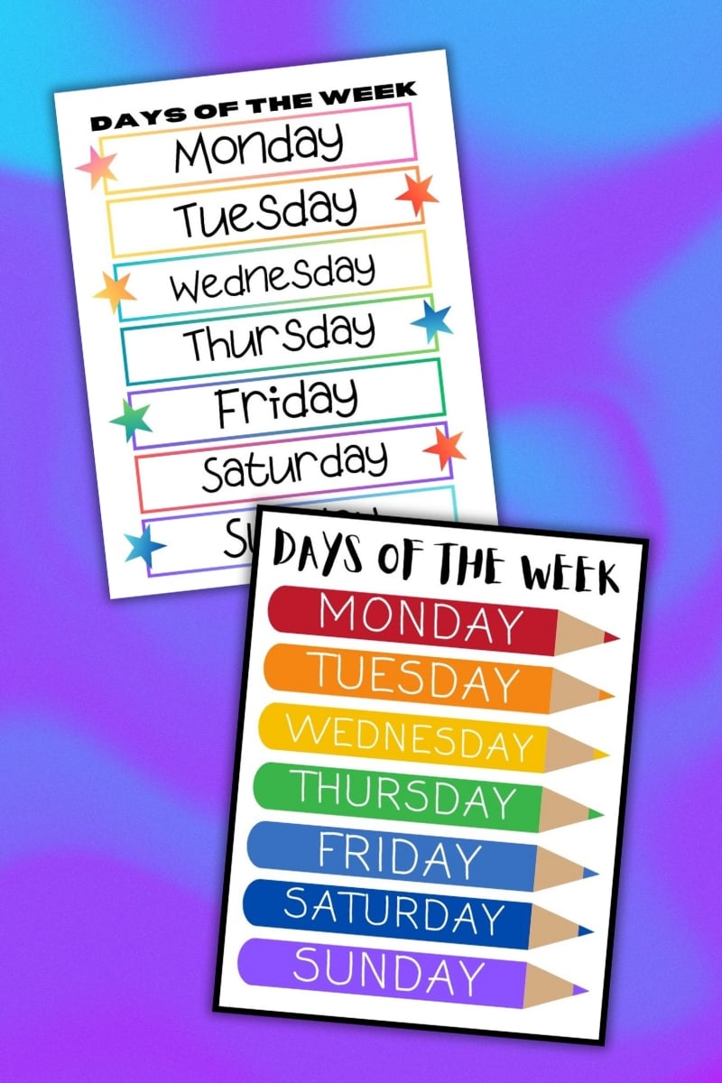 days of the week charts days of the week charts
