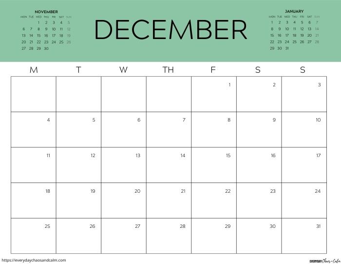 printable December 2023 calendar- monday start