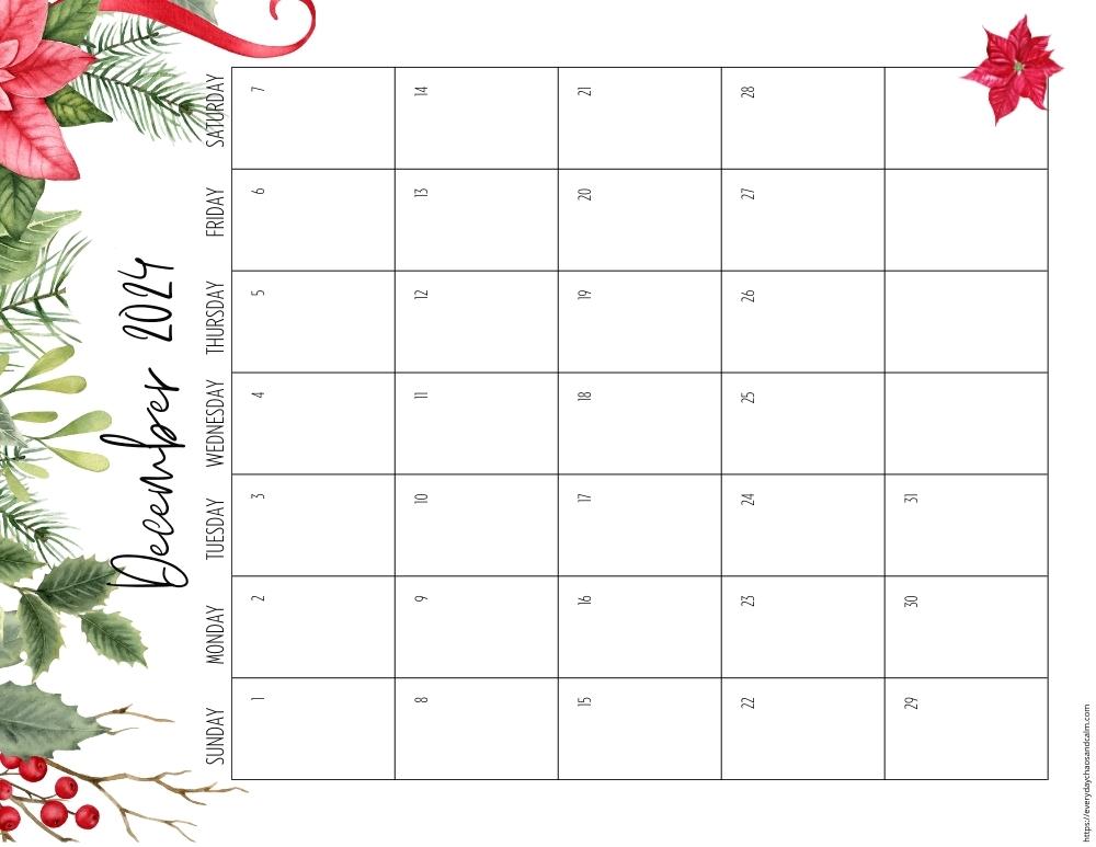 vertical printable December 2024 calendar- sunday start