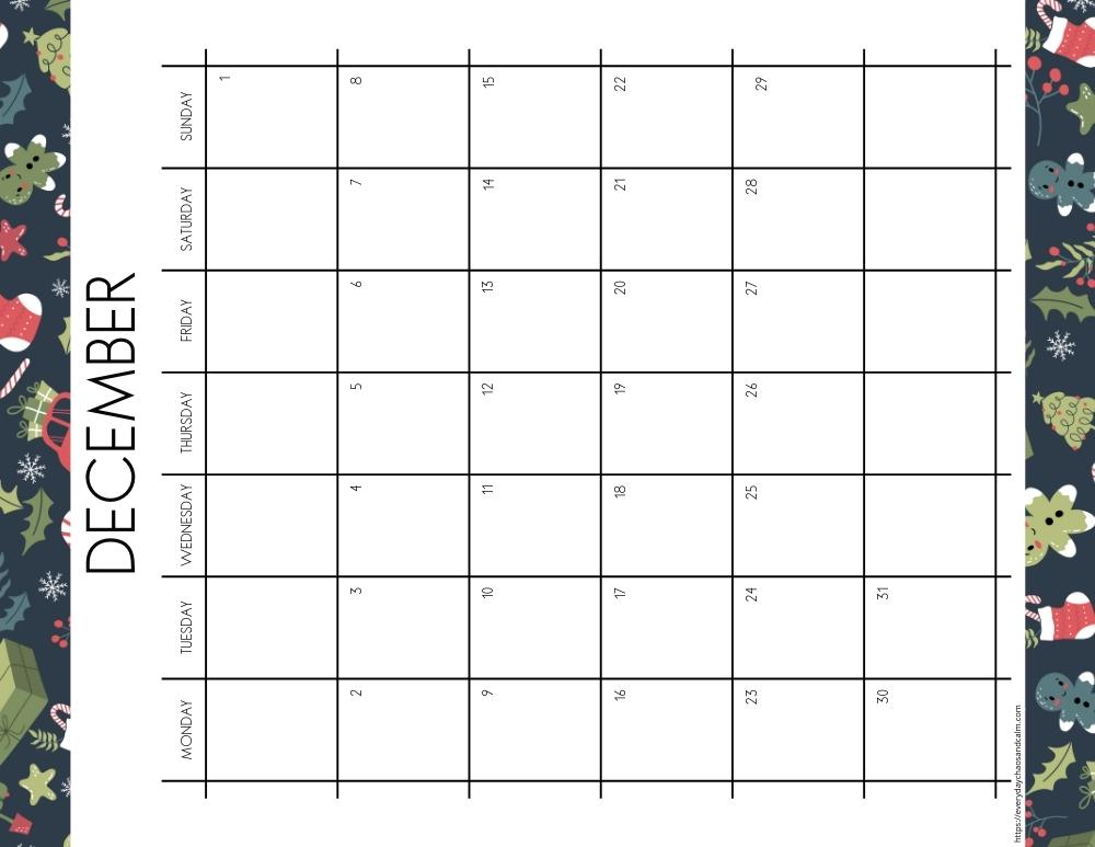 vertical printable December 2024 calendar- monday start