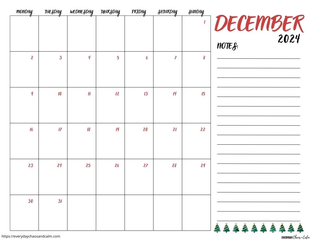 printable December 2024 calendar- monday start