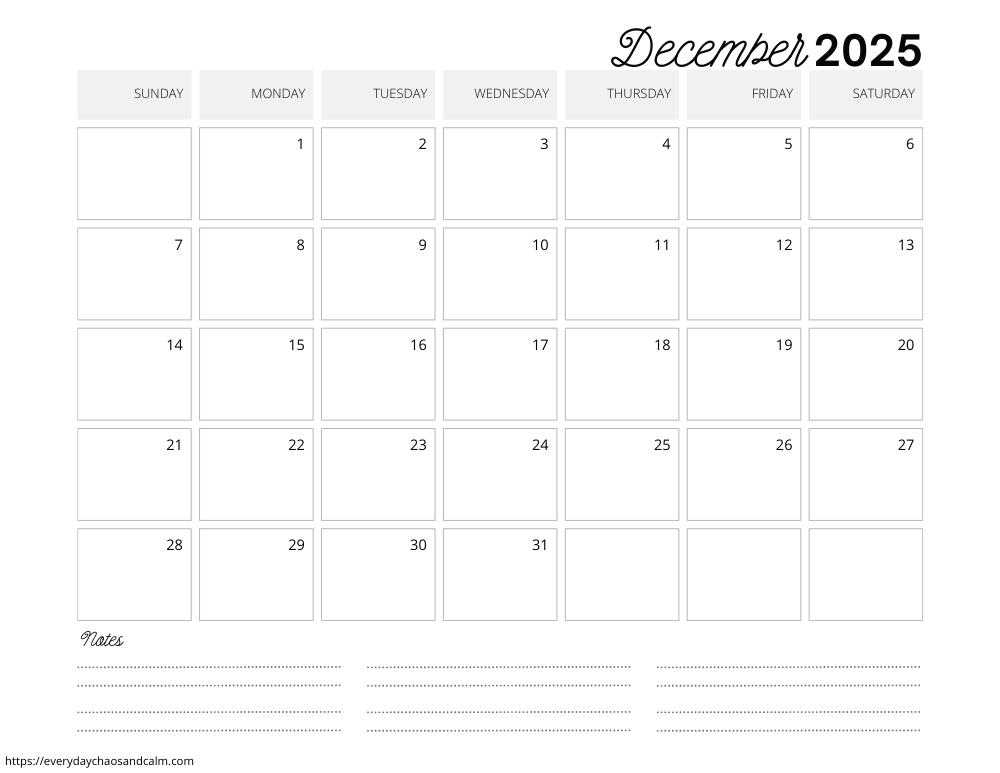 Printable Calendar December 2025 Free