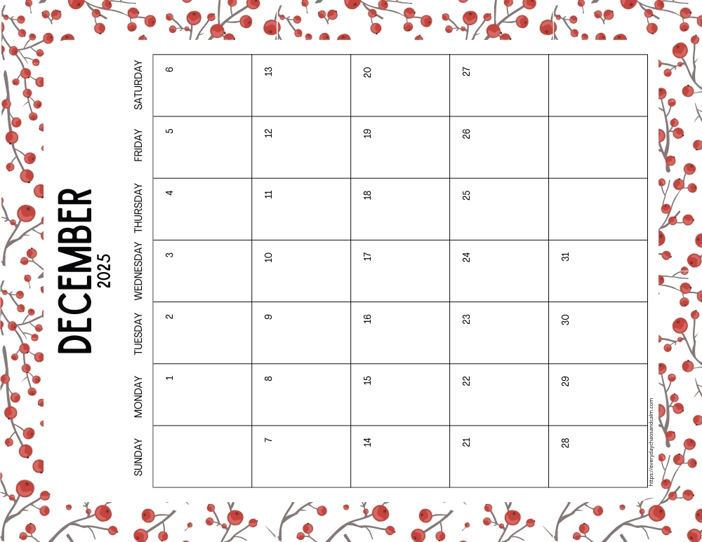 Free Printable December 2025 Calendars