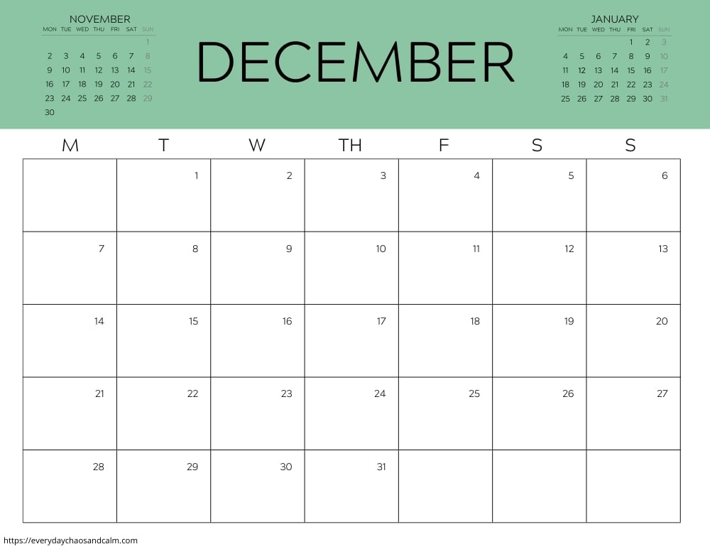 printable December 2026 calendar- monday start