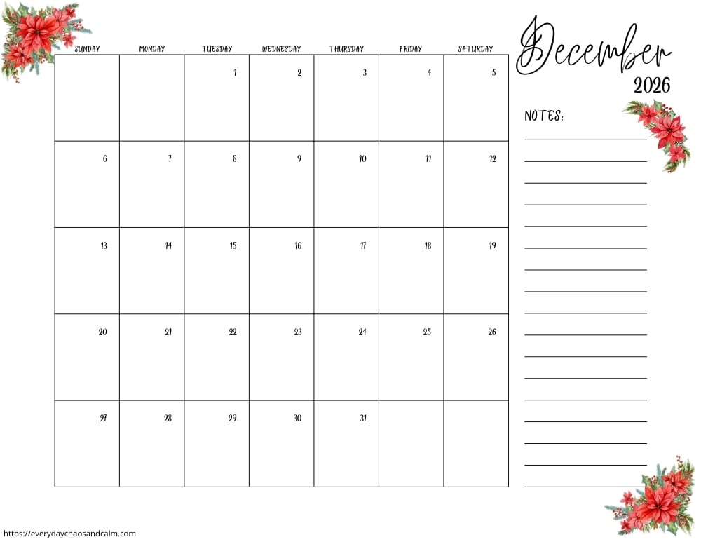 printable December 2026 calendar- sunday start