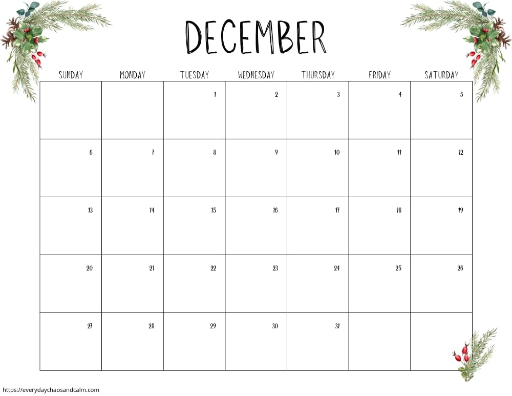 printable December 2026 calendar- sunday start