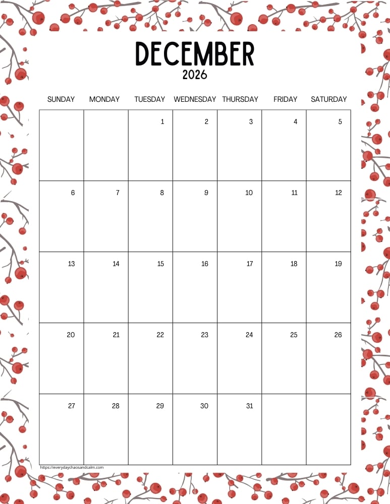 vertical printable December 2026 calendar- sunday start