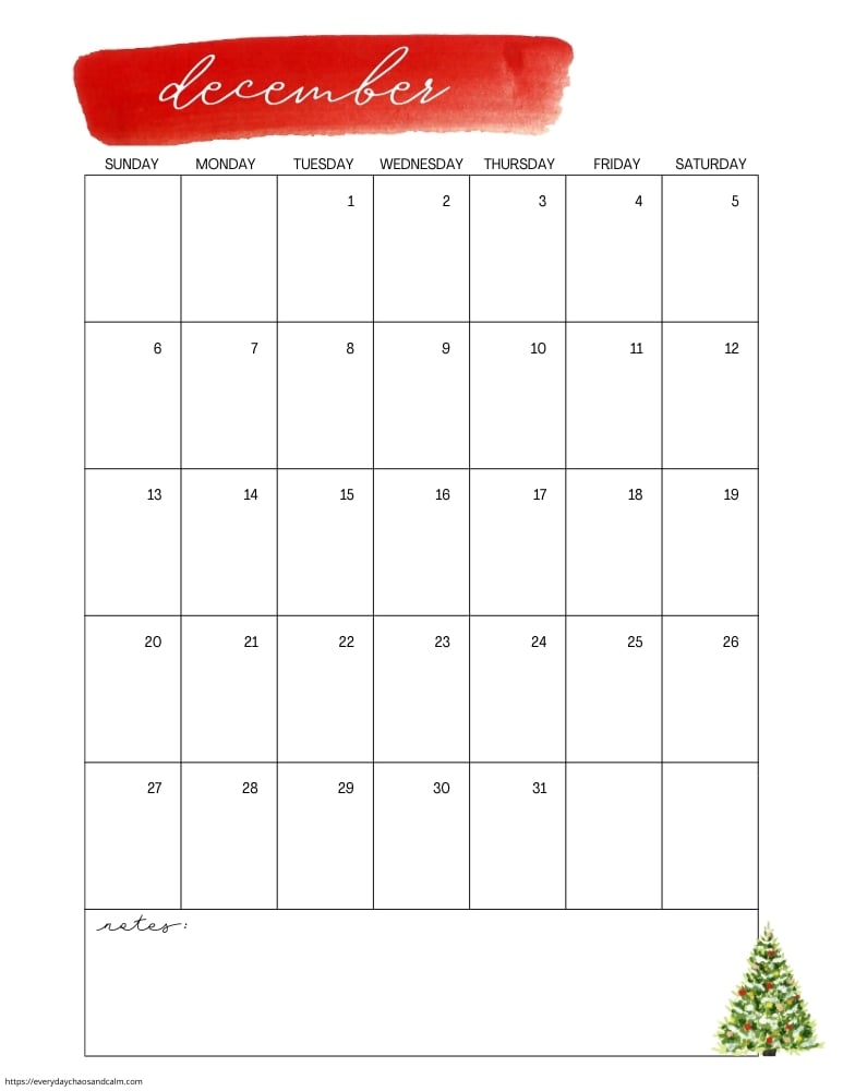 vertical printable December 2026 calendar- sunday start