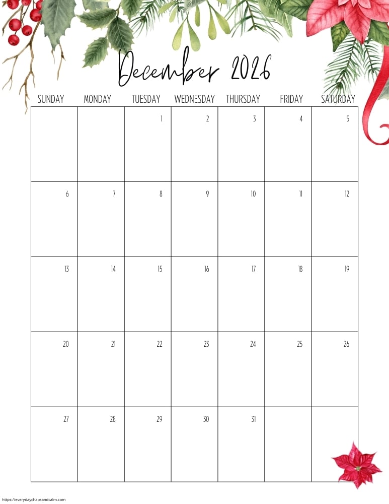 vertical printable December 2026 calendar- sunday start