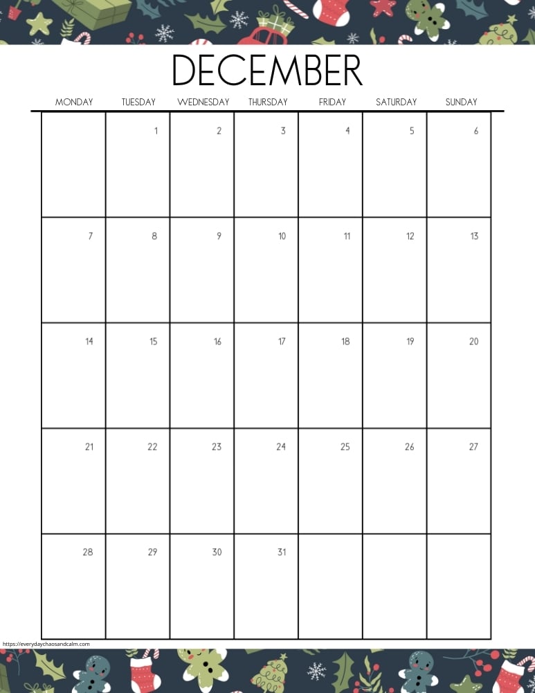 vertical printable December 2026 calendar- monday start
