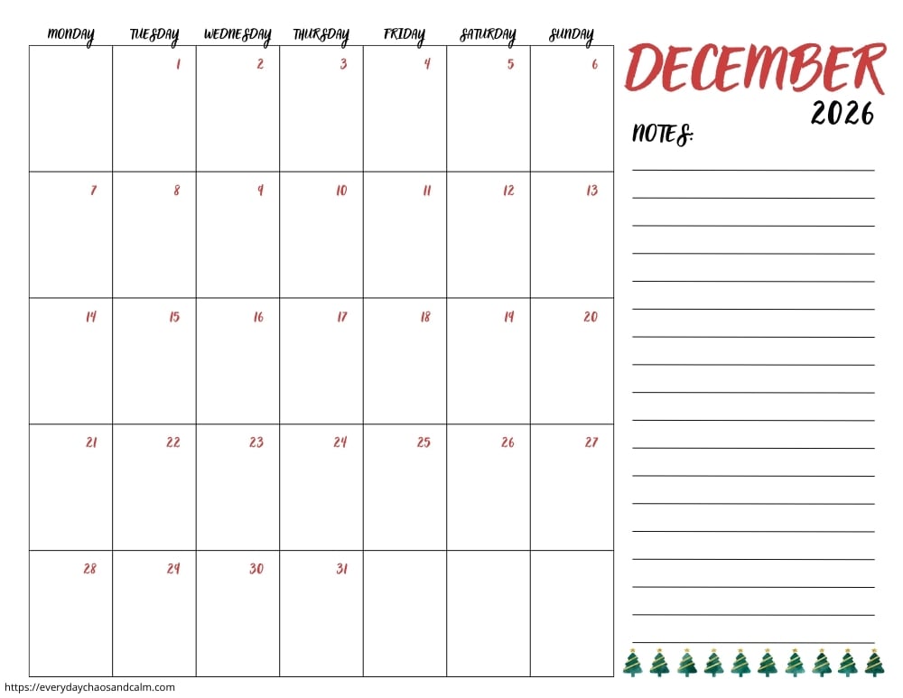 printable December 2026 calendar- monday start