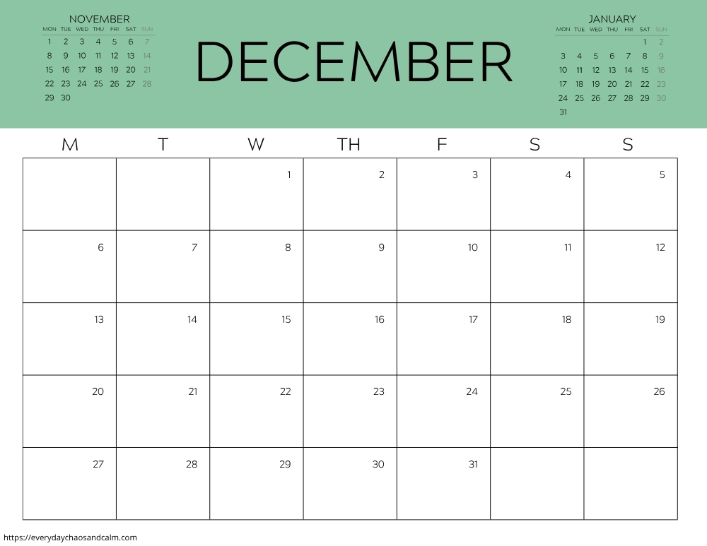 printable December 2027 calendar- monday start