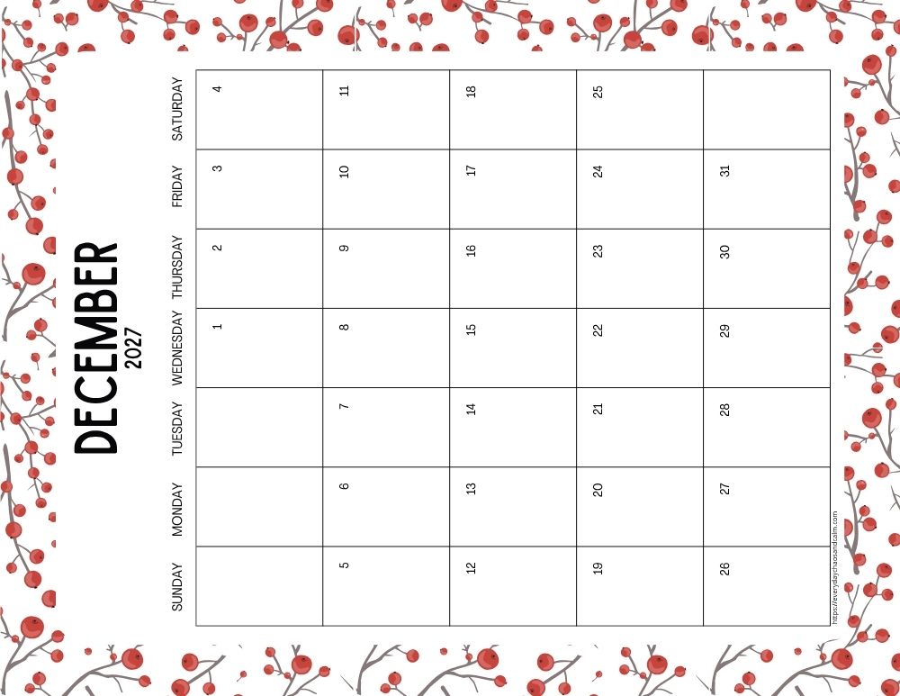 vertical printable December 2027 calendar- sunday start