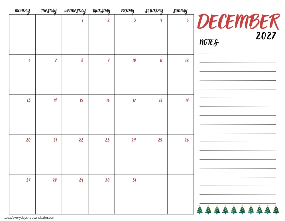 printable December 2027 calendar- monday start