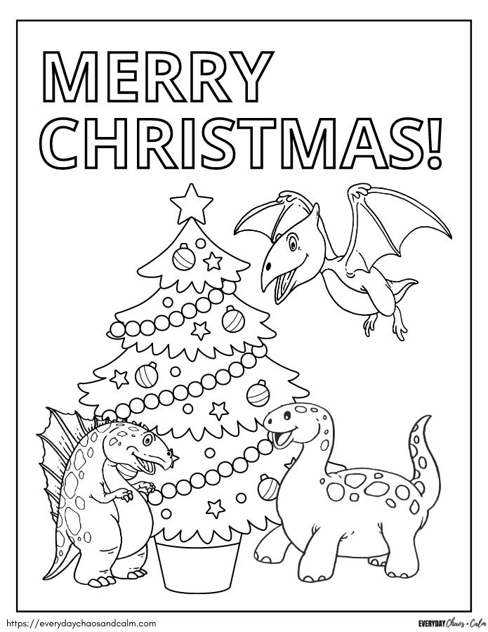Christmas dinosaur coloring page with tree and 3 dinosaurs