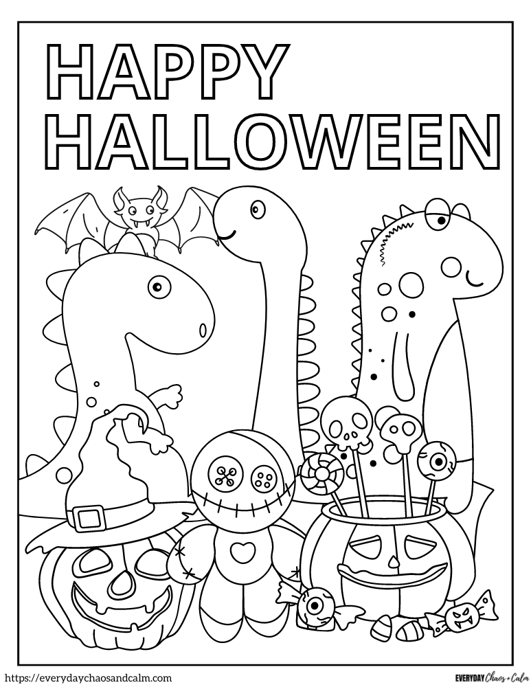 Halloween dinosaur coloring page with tree and 3 dinosaurs