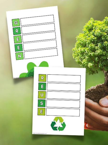 earth day acrostic poem on green background with hands holding a small tree