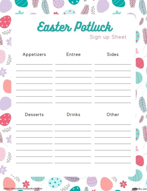 Printable Easter Potluck Sign Up Sheet with Categories Free printable Easter potluck sign up sheets, pdf, holidays, print, download.