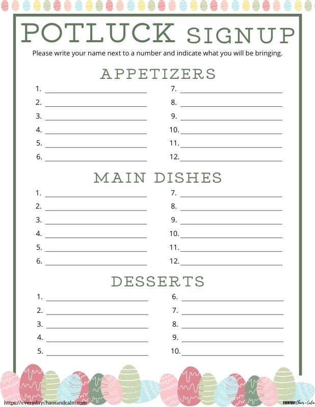 Numbered Easter Potluck Sheet with 3 Categories Free printable Easter potluck sign up sheets, pdf, holidays, print, download.