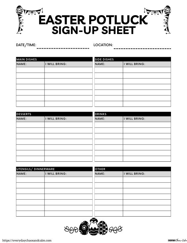 Black and White Easter Potluck Sign Up Sheet Free printable Easter potluck sign up sheets, pdf, holidays, print, download.