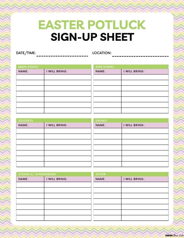 Printable Easter Potluck Sign-Up Sheet with Categories Free printable Easter potluck sign up sheets, pdf, holidays, print, download.