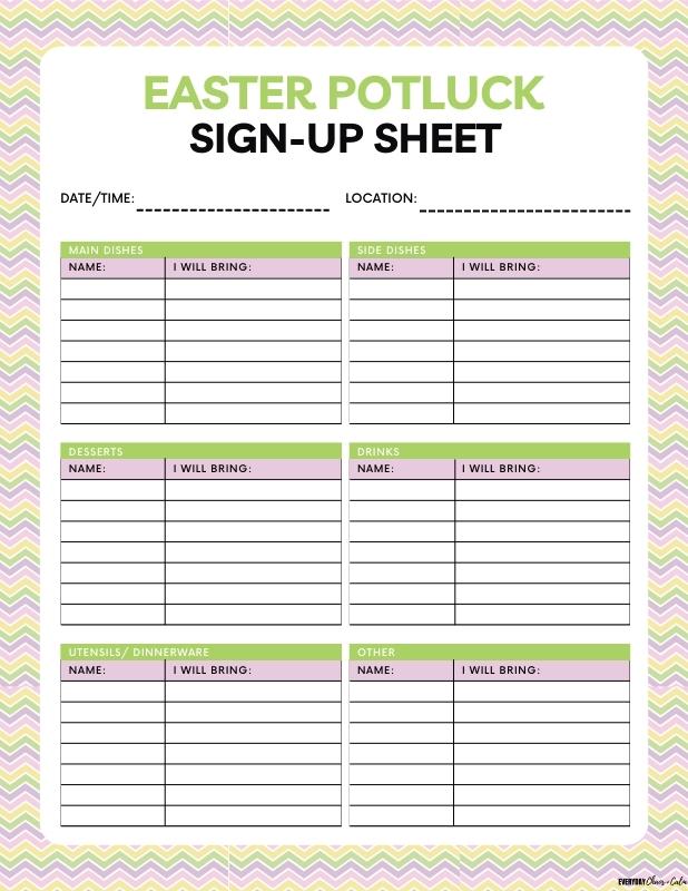 7 Free Easter Potluck Sign Up Sheets PDF Printable 