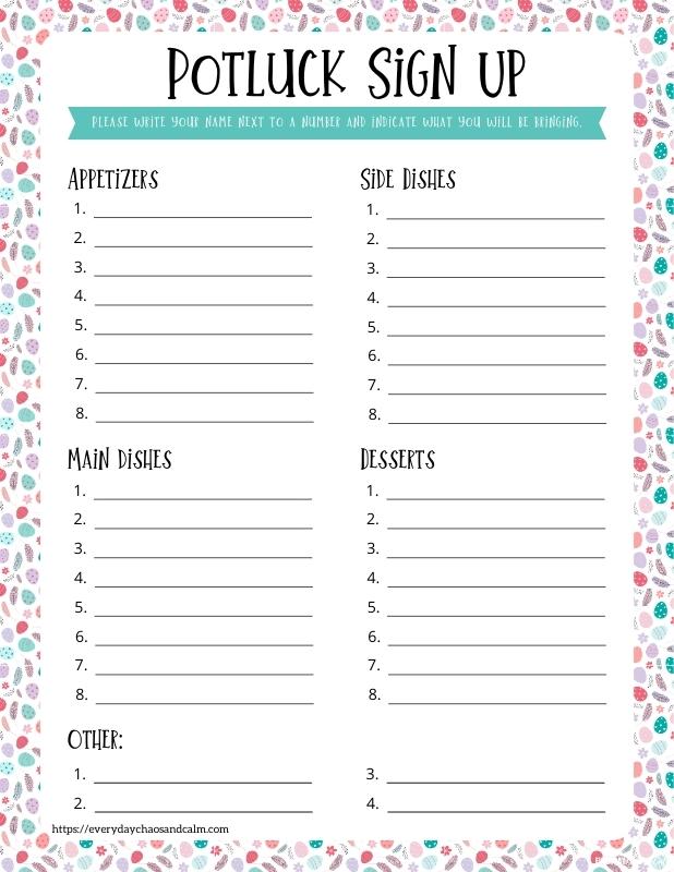 Printable Easter Potluck Signup Sheet with Categories Free printable Easter potluck sign up sheets, pdf, holidays, print, download.