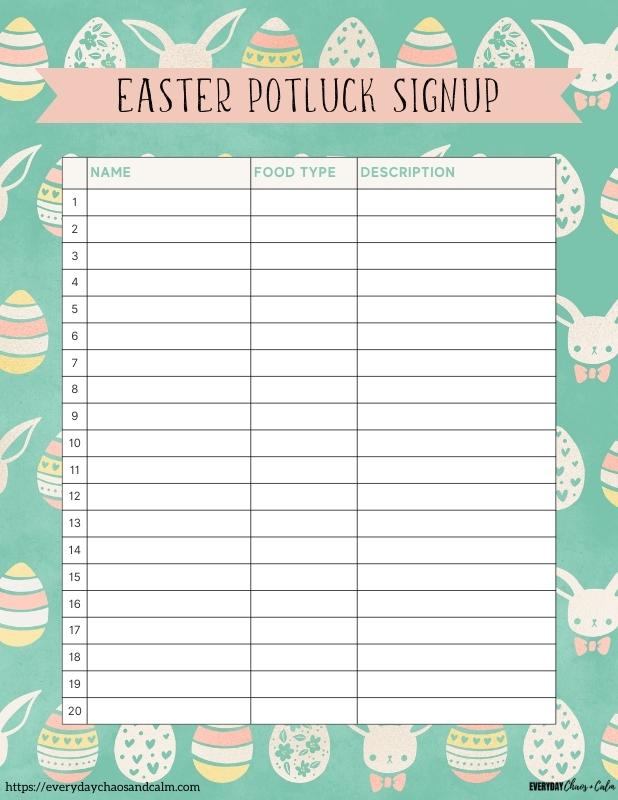 Printable Easter Potluck Sign Up List Free printable Easter potluck sign up sheets, pdf, holidays, print, download.