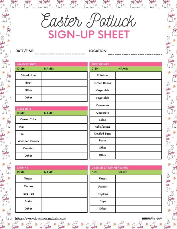 Printable Easter Potluck Sign Up Sheet With Food List Free printable Easter potluck sign up sheets, pdf, holidays, print, download.