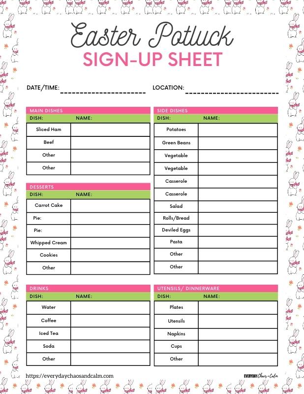 7 Free Easter Potluck Sign Up Sheets PDF Printable 