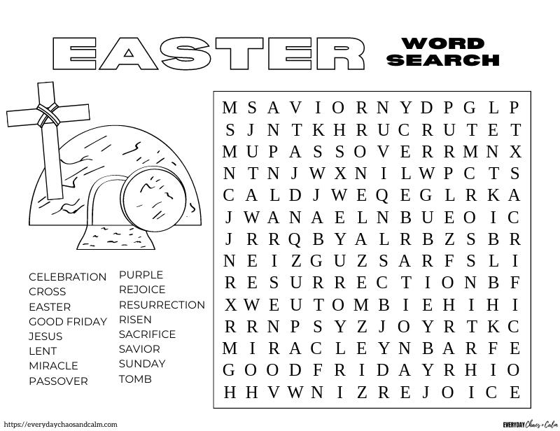 religious easter word search with coloring page