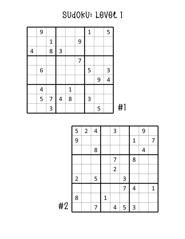 easy sudoku puzzles, two beginner sudoku grids per page, printable logic game, PDF, instant download