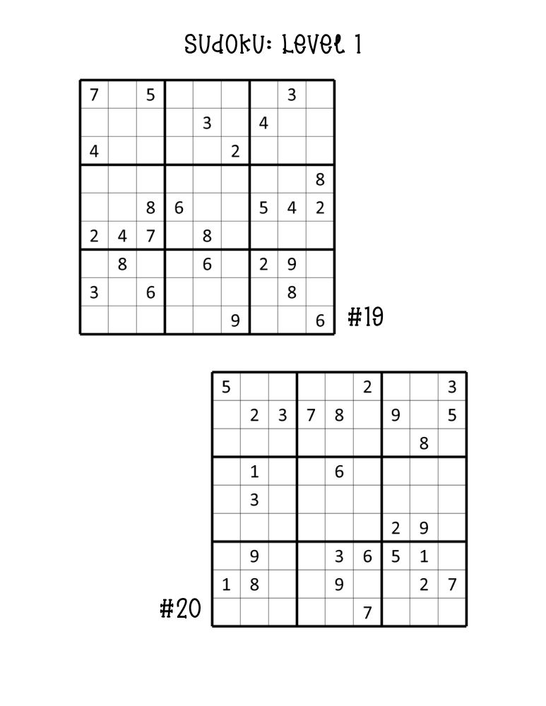 easy sudoku puzzles for students, two puzzles per printable page, basic number reasoning, PDF, instant download