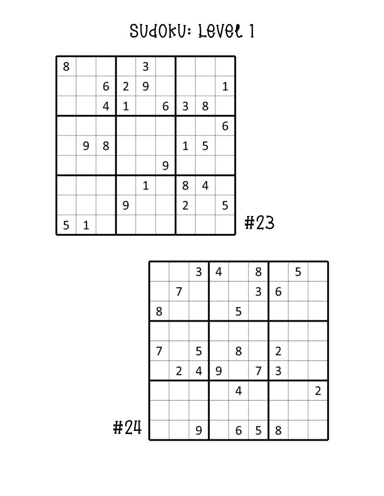 easy sudoku puzzles sheet, pair of starter logic grids, quiet time number puzzle, PDF, instant download