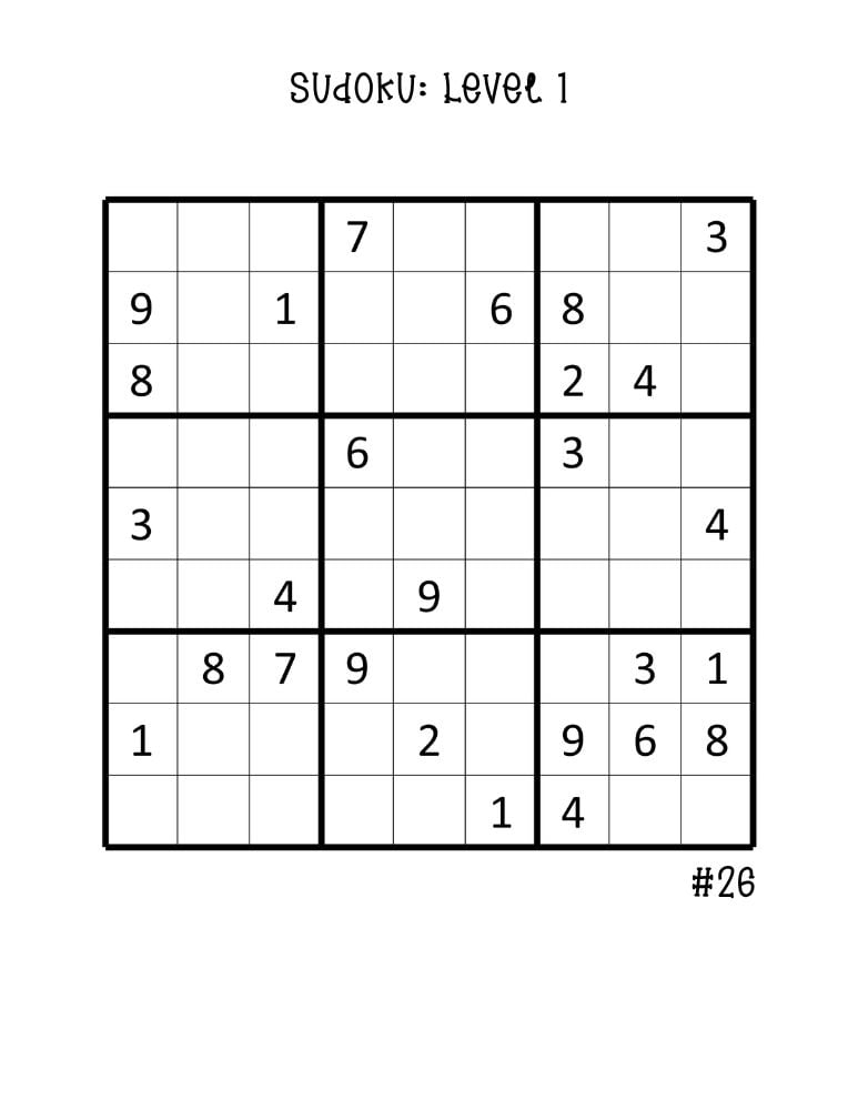 printable large easy sudoku puzzles, single full-sheet beginner puzzle, large print math brain teaser, PDF, instant download