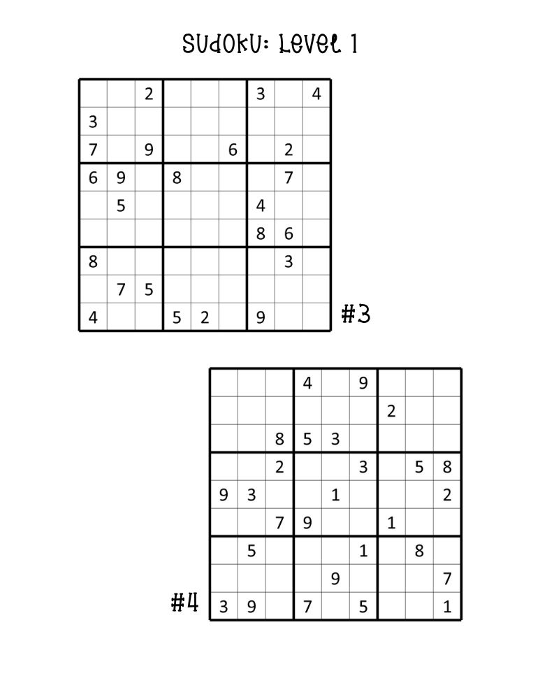 printable easy sudoku puzzles, pair of beginner number logic sheets, math brain teaser, PDF, instant download