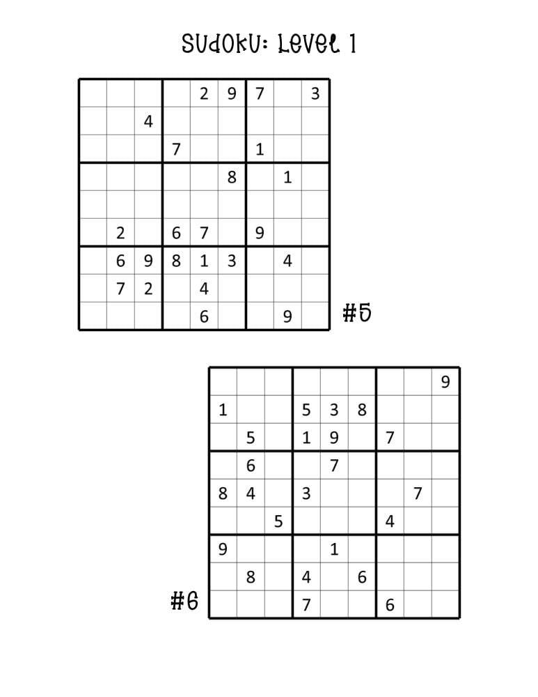 easy sudoku puzzles for beginners, two puzzles per sheet, printable critical thinking activity, PDF, instant download