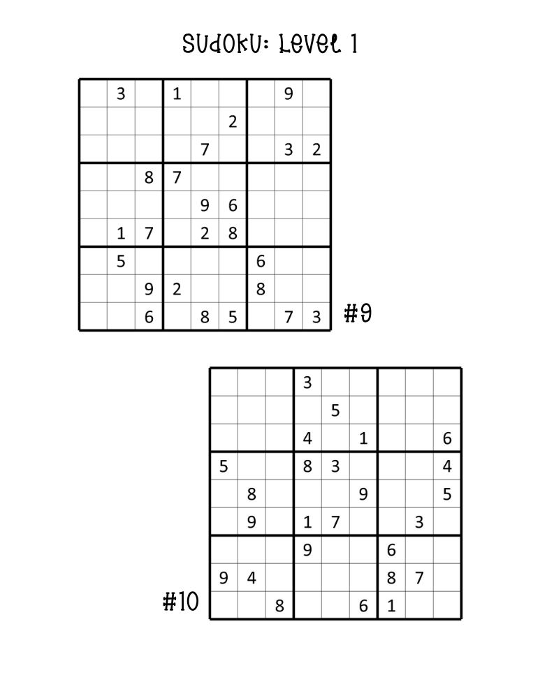 easy sudoku puzzles worksheet, two half-page number logic puzzles, classroom printable, PDF, instant download